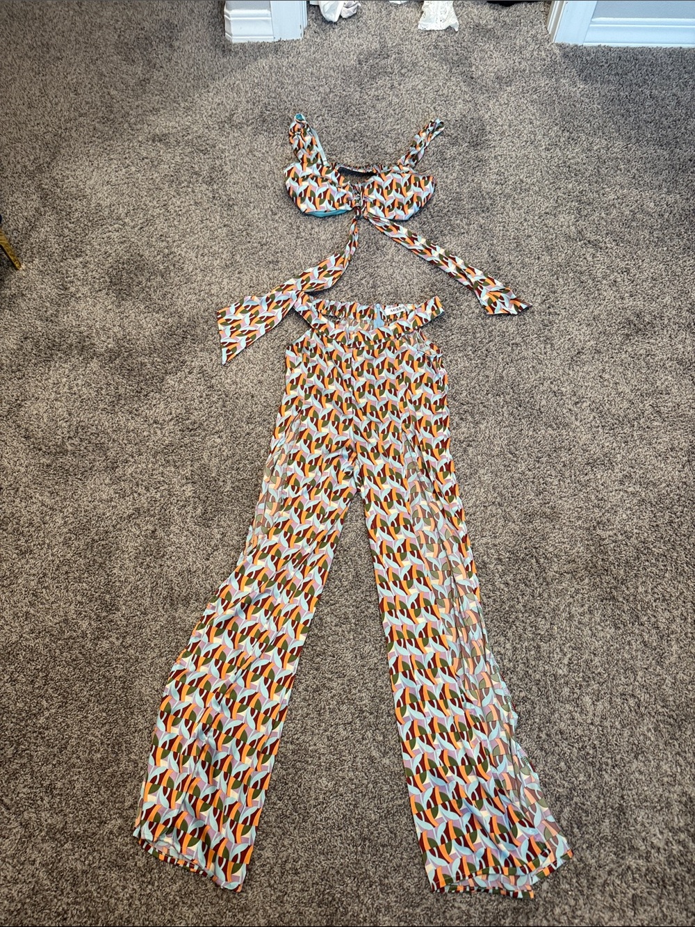 Women's Multicolor Patterned Wide-Leg Pants & Tie-Top Set
